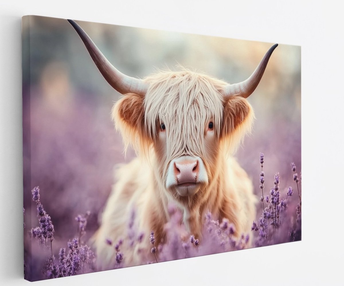 Saammp Canvas Schilderij Schotse Hooglander Koe Portret - Dieren - Natuur - 90x60 - Foto op canvas - Wanddecoratie - muurdecoratie Woonkamer - Slaapkamer decoratie - Canvas Print Multicolor