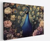 Saammp Canvas Schilderij - Pauw - Hanen- Bloemen - Dieren - Natuur - 60x40 - Foto op canvas - Wanddecoratie - muurdecoratie Woonkamer - Slaapkamer decoratie - Canvas Print