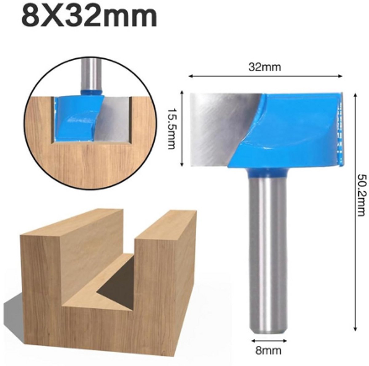 8mm Schacht Bodemfrees - 2 Fluit Hout Router - Alloy End Mill - Precisie Houtbewerking Gereedschap (10 stuks, Blauw 8x32mm)