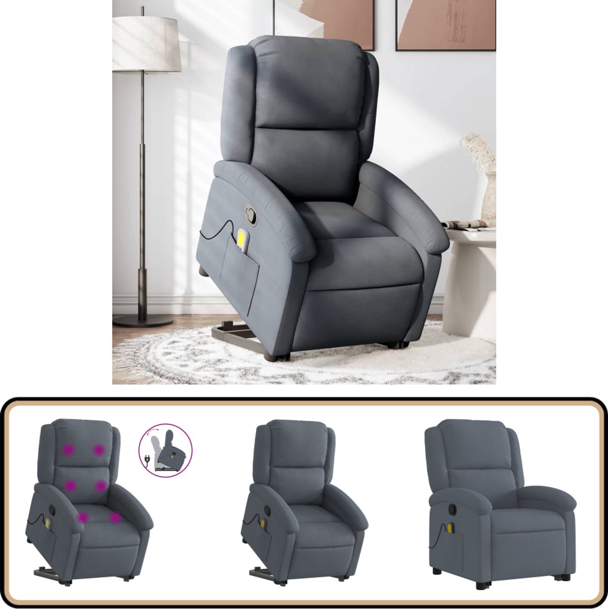 vidaXL Sta-op-massagestoel Verstelbaar Donkergrijs Fluweel