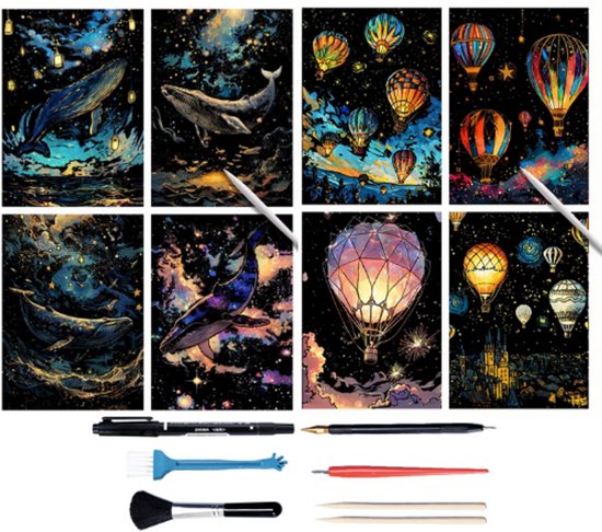 Glow in the Dark A4 XL Deluxe Bundel Scratch Art (16-in-1) | Kinderen en Volwassenen | Magic Kras Tekeningen Kraskaarten Krasfolie Kraskaart | Knutselen Tekenen | Painting Schilderen op Nummer Diamond Painting | Knutselpakket Tekenpakket Handwerken