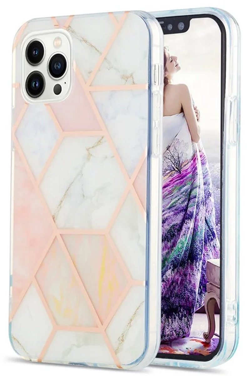 Cityhoesje - iPhone 15 Pro Max - Splicing Marble Pattern Electroplated - Back Cover - Roze Wit