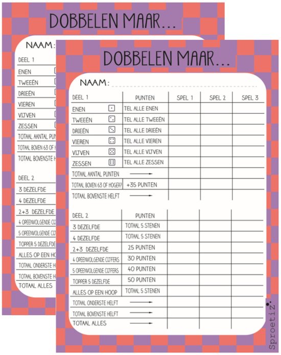 Twee scoreblokken met een ruitpatroon in paars en roze, voor het spel 'Dobbelen Maar'. Beide blokken hebben blanco velden voor namen en scores.