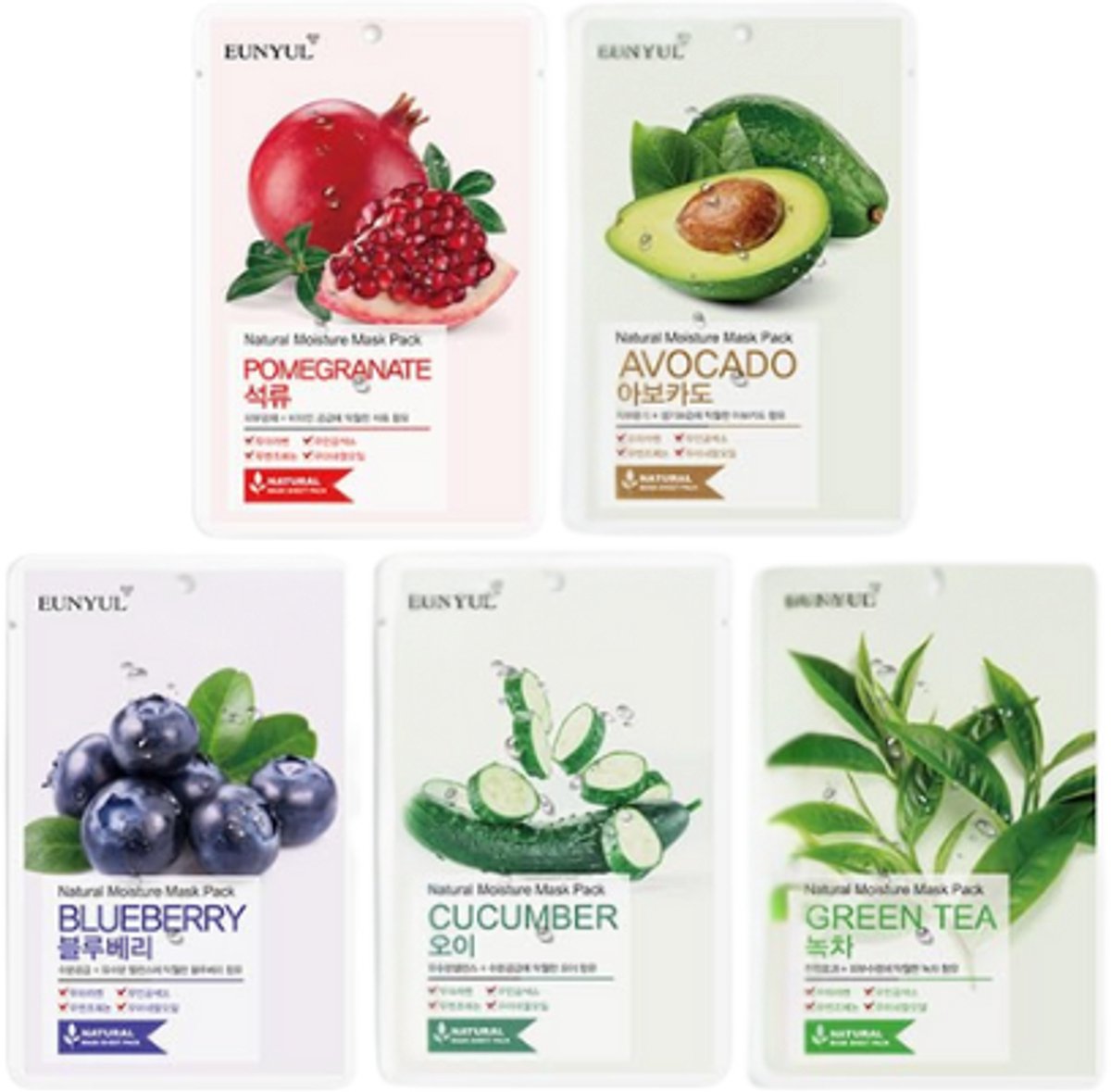 Koreaanse Gezichtsmasker - Set van 5 | Granaatappel, Avocado, Bosbes, Komkommer & Groene Thee | Sheet Mask Eunyul Korean Beauty - Hydraterend