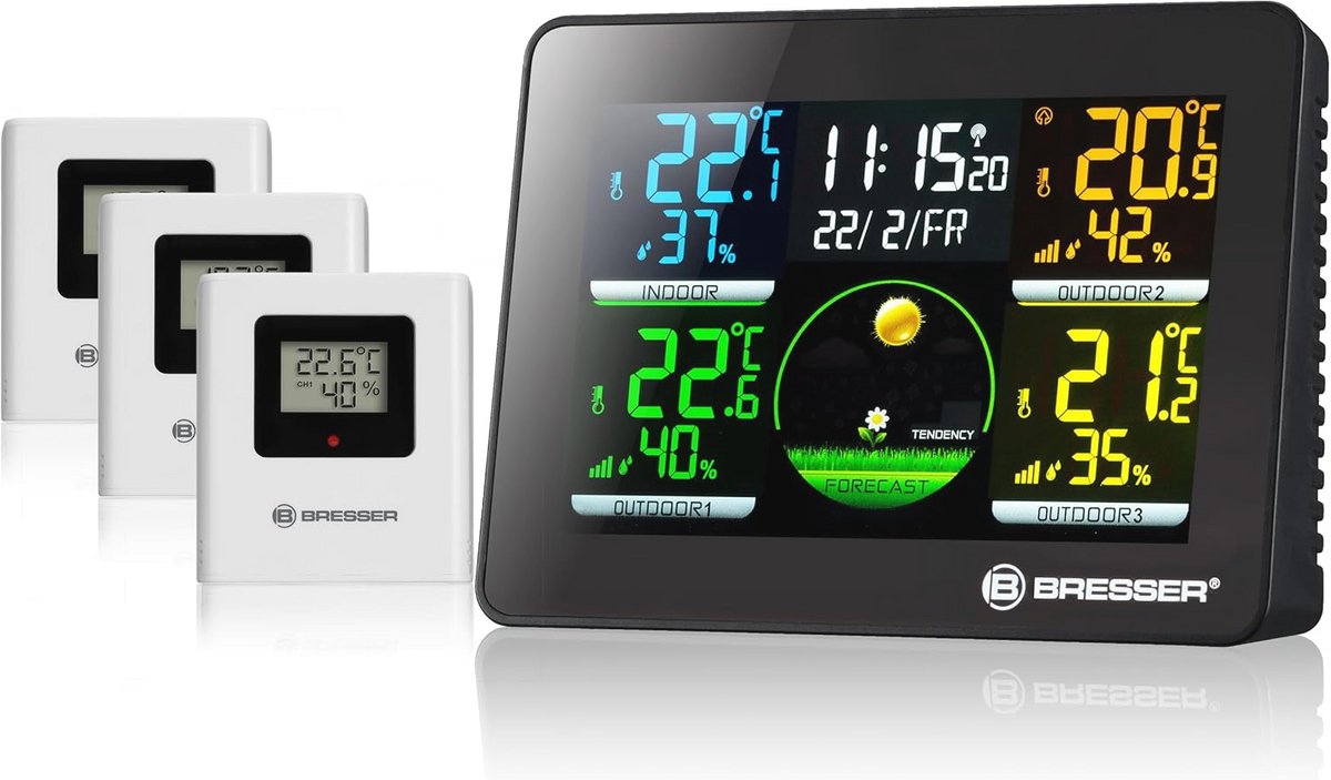 Draadloos weerstation met 3 buitensensoren, multifunctionele thermo-/hygrometer voor temperatuur en luchtvochtigheid