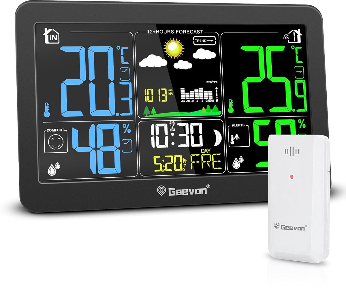 DCF Draadloos Weerstation met Buitensensor - Weersvoorspelling, Digitale Thermometer en Hygrometer voor Binnen en Buiten