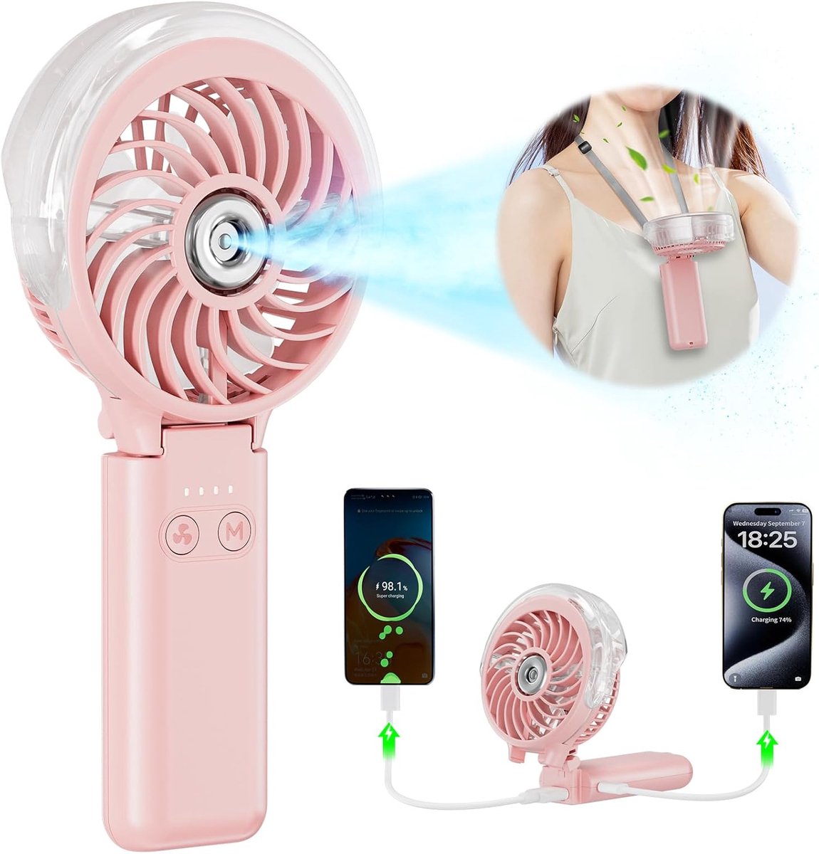 Draagbare Handventilator met Oplaadbare Functie en Watermist Systeem | 5200 mAh Batterij, 34 ml Watertank