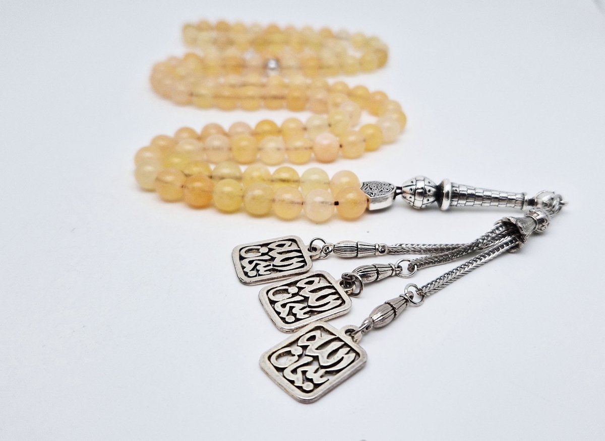 Handgemaakte tesbih "Tasbih" natuursteen " Calciet geel " - Aantal kralen 99 - Diameter kralen 8MM - met metaal tassel "Subhan Allah" - Een mooi cadeau-idee