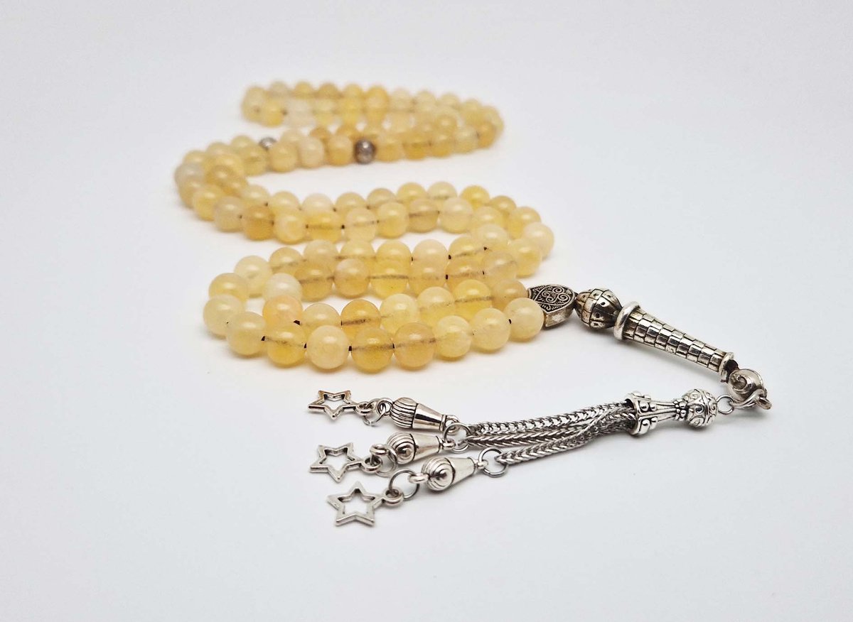 Handgemaakte tesbih "Tasbih" natuursteen " Calciet geel " - Aantal kralen 99 - Diameter kralen 8MM - met metaal tassel "Kleine sterren" - Een mooi cadeau-idee