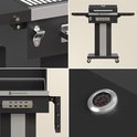 Collage van zwarte BBQ: details van de opener, thermometer, kolenlade en totaalbeeld.
