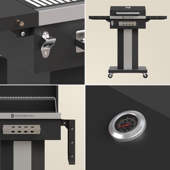 Collage van zwarte BBQ: details van de opener, thermometer, kolenlade en totaalbeeld.