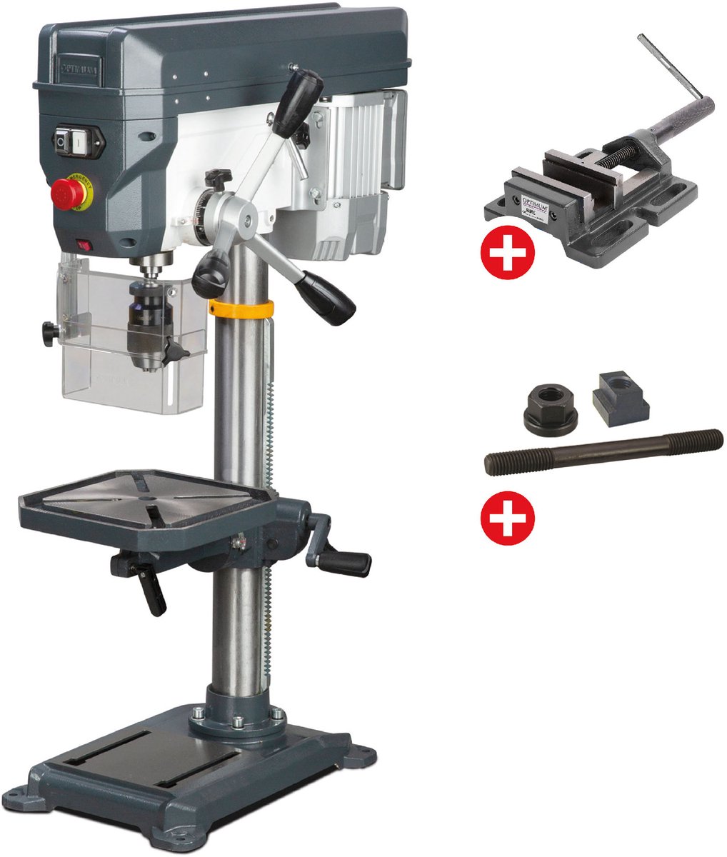 Tafelboormachine boren tot ø 20 mm opname MK2 550W 400V 12 snelheden + boorklem + set spanbouten Optidrill DQ22 400V PACK