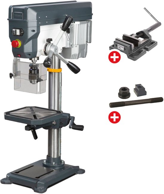 Grijze en witte OPTIdrill tafelboormachine met een meegeleverde boorklem.