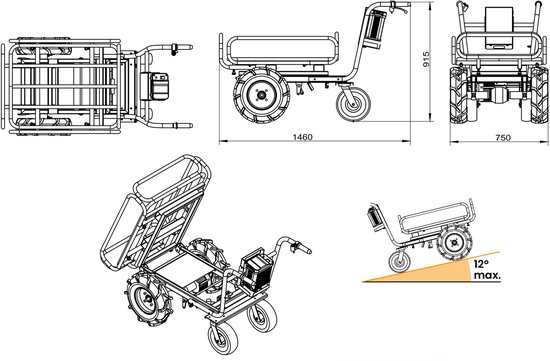 Elektrische platformwagen 4 wielen met uitschuifbaar afneembaar frame incl. PP bak 300l 300kg - batterij 40V / 6Ah Torros EP300P van Torros — afbeelding 3