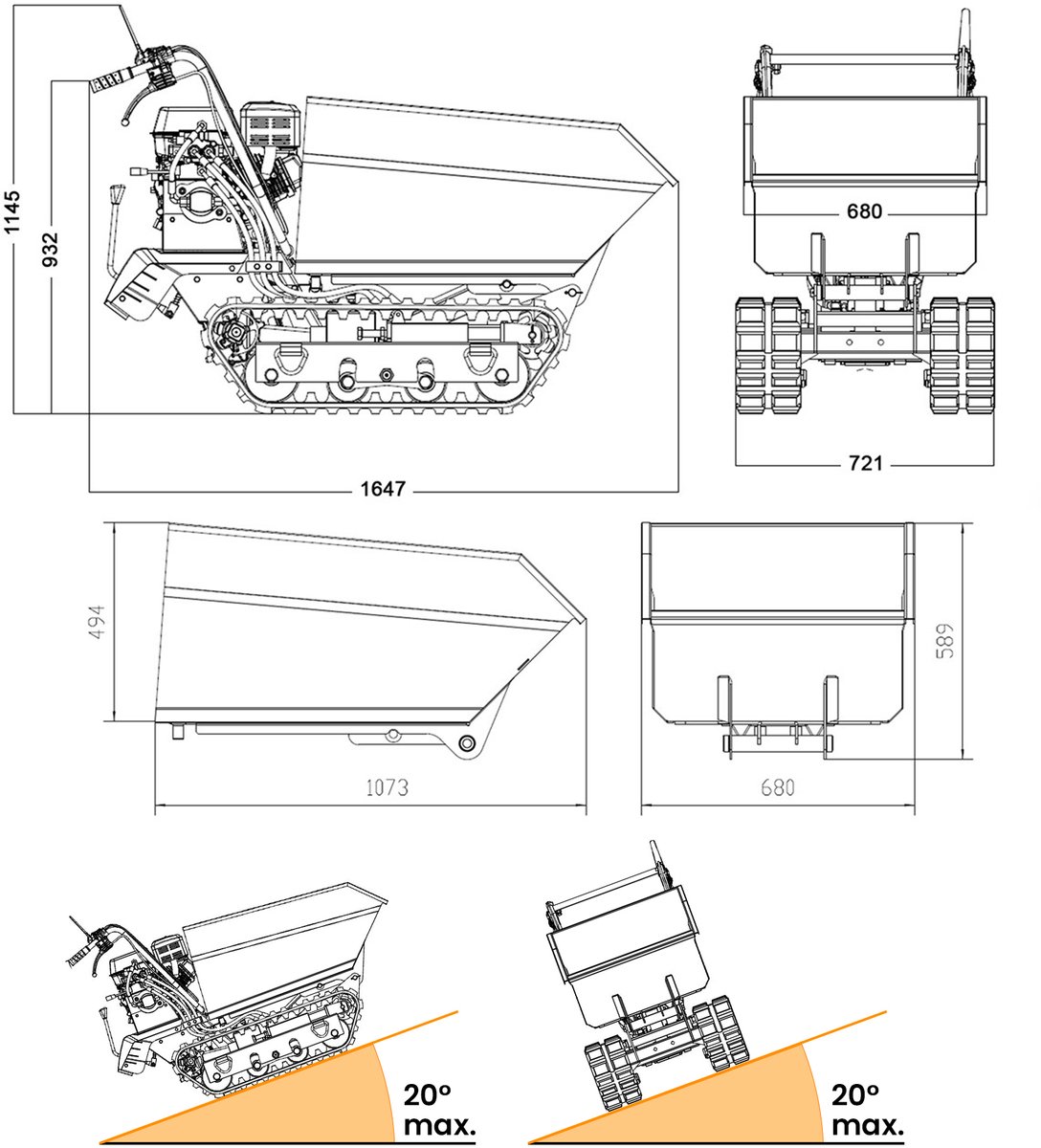 Rupsdumper kipbak 600kg met trapklimfunctie 6,5pk 3+1R snelheden elektrische start Torros MRD600HE