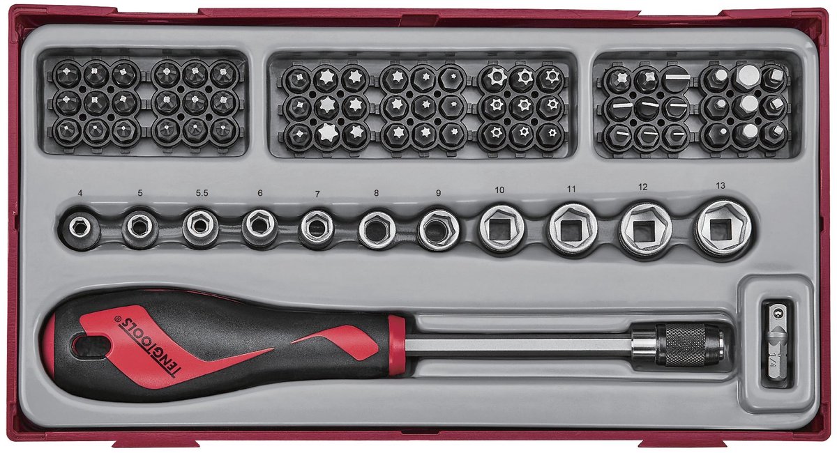 Bitsen- en doppenset TT1 tray 1/4 PH- PZ- Plat- TX-- TPX- HEX- ROB- gr 76 delig Teng Tools TTMDQ76