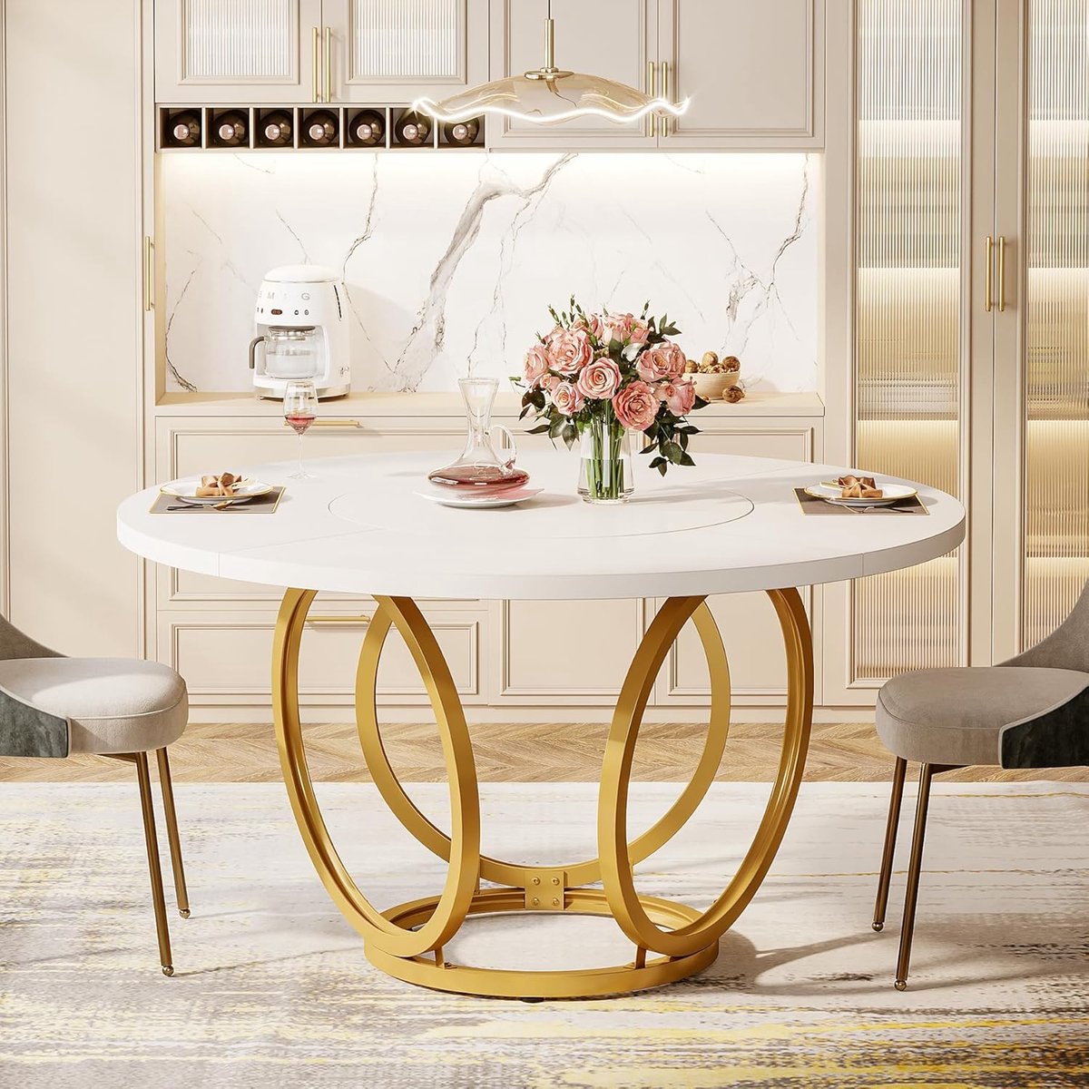 Tribesigns Ronde Eettafel voor 4 personen - 118 x 118 x 72cm - Eettafel met Gouden Metalen Voet - 118cm Ronde Keukentafel - Modern - Wit