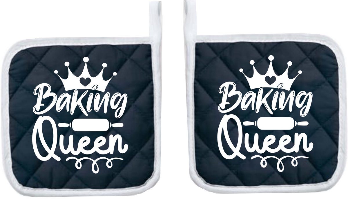 Eizook Pannenlappen 2 Stuks Navy Bedrukt - BAKING QUEEN In WIT- Zacht Katoen met Polyester Pannenonderzetter Hittebestendige Pannenlap tot 250°C