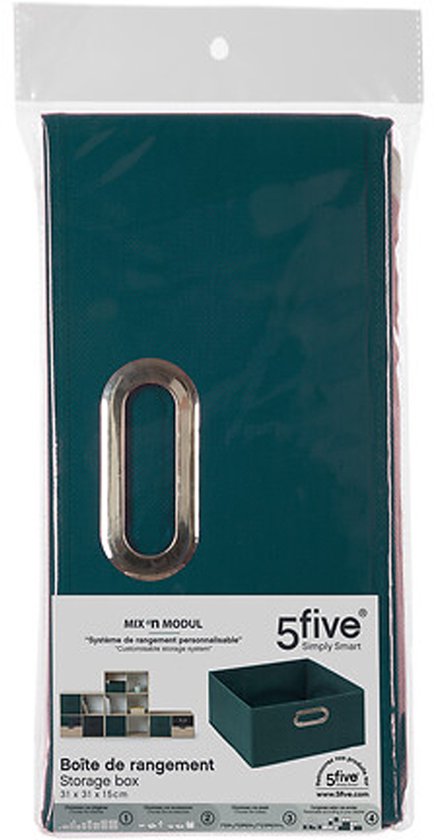 Emballage d'une boîte de rangement bleu pétrole avec poignée métallique, marque 5five.