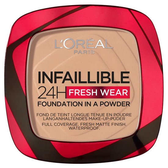 L'Oréal Paris Infaillible Foundation in a Powder, deksel met rode en roze lijnen.