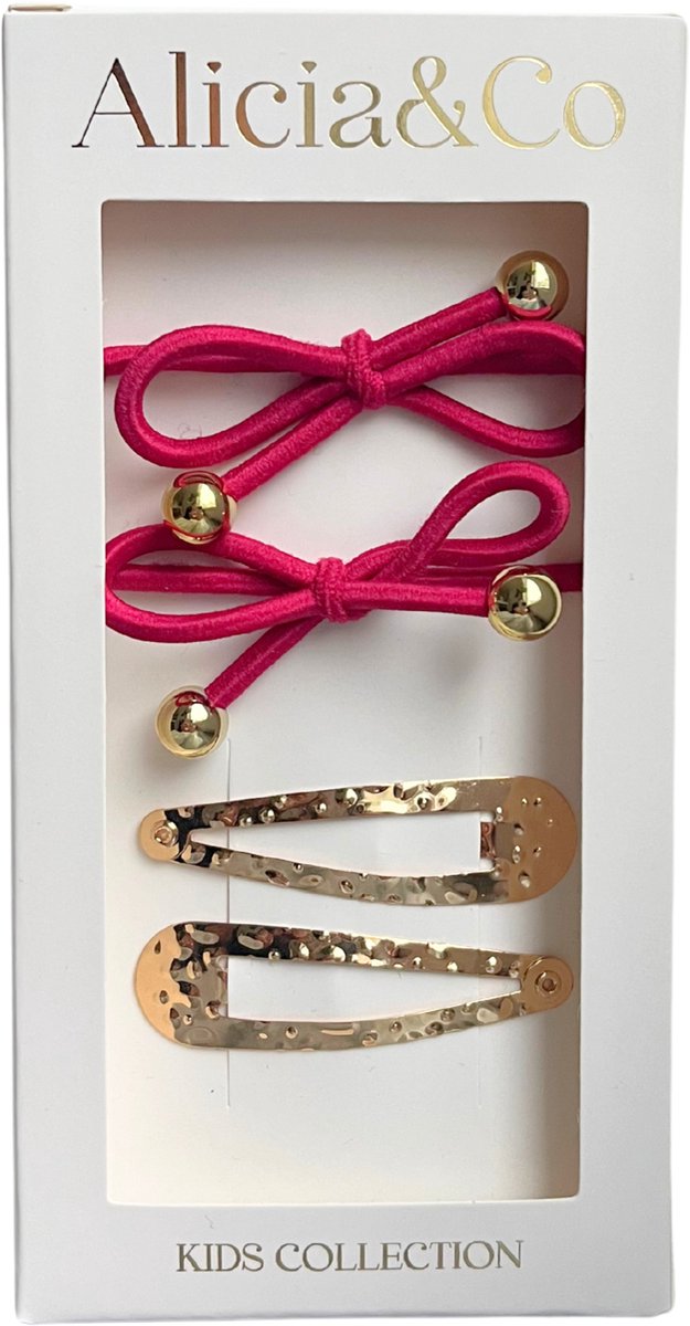 Alicia&Co - Modern Bowtie - Magical Magenta - Set van 2 haarclips en 2 haarelastiekjes - cadeau - kraamcadeau - haarelastiekjes zonder metaal - haarspelden & clips - haarelastiekjes baby - haarelastiekjes kind - haarspeldjes kind - haarspeldjes baby
