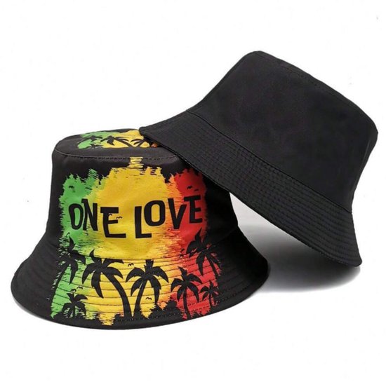 Bucket Hat - Vissershoedje - Buckethat - One Love - Bob Marley - Reggae - Omkeerbaar - Reversible - Feest - Festival - Carnaval - Outfit - Zwart, Rood, Geel en Groen - One Size Fits All