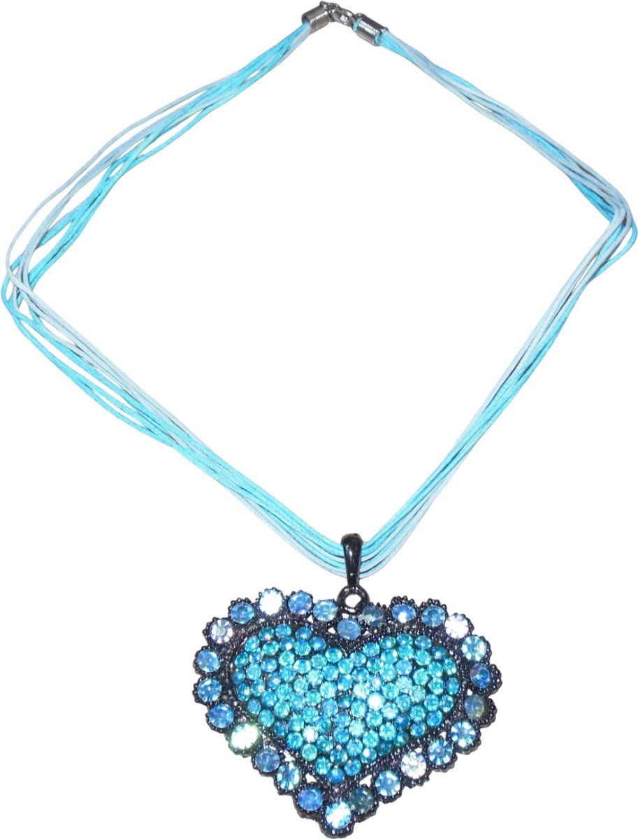 Ketting met hartjes hanger strass stenen blauw
