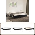 Slaapkamer met zwart boxspringbed en drie detailfoto's van de bedden.