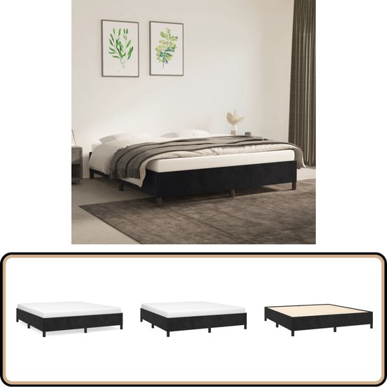 Slaapkamer met zwart boxspringbed en drie detailfoto's van de bedden.