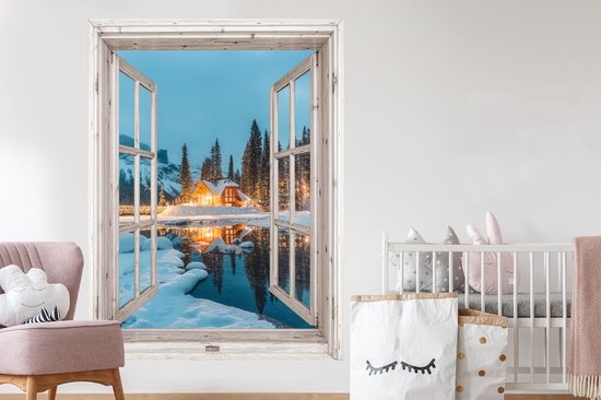 Stickers muraux - Film autocollant - Transparent - Paysage d'hiver - Nature - Maison - Montagnes - 120x160 cm - Film adhésif - Stickers muraux chambre enfant - Papier peint autocollant XXL - Papier peint autocollant - Film autocollant