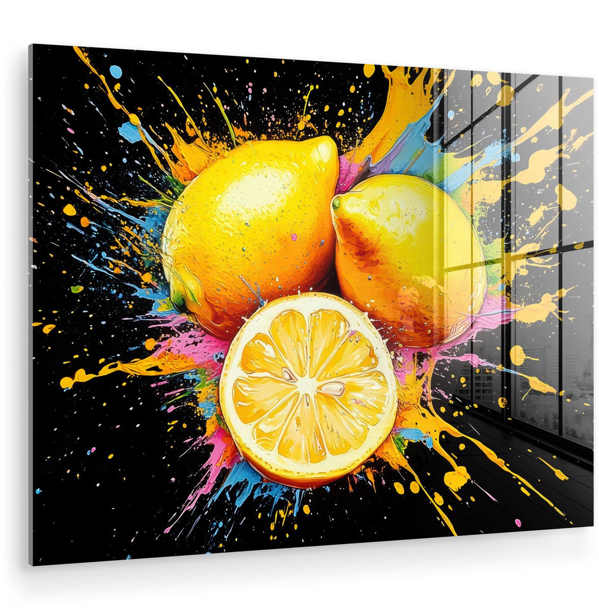MuchoWow® Glasschilderij 40x30 cm - Schilderij acrylglas - Citroen - Graffiti - Kleurrijk - Verf - Modern - Foto op glas - Muurdecoratie woonkamer - Wanddecoratie slaapkamer - Schilderijen