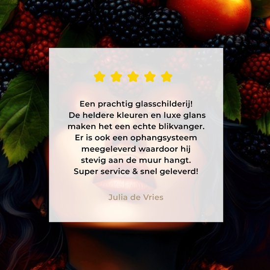 MuchoWow® Glasschilderij 120x60 cm - Schilderij acrylglas - Vrouw - Zwart - Bessen - Bramen - Appels - Foto op glas - Muurdecoratie woonkamer - Wanddecoratie slaapkamer - Schilderijen