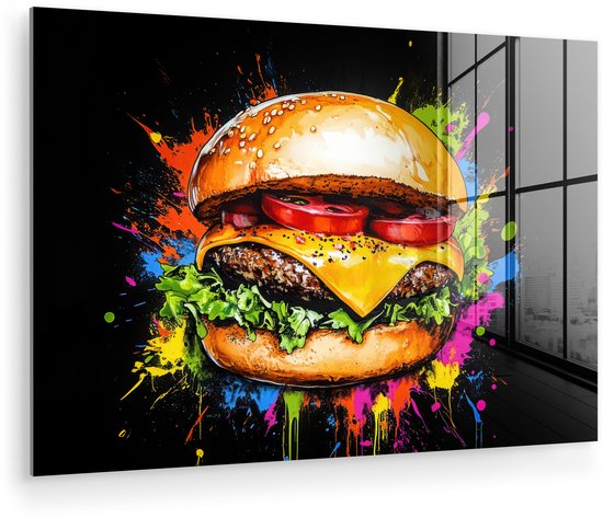 MuchoWow® Glasschilderij 120x80 cm - Schilderij acrylglas - Hamburger - Graffiti - Verf - Kleurrijk - Eten - Abstract - Foto op glas - Muurdecoratie woonkamer - Wanddecoratie slaapkamer - Schilderijen