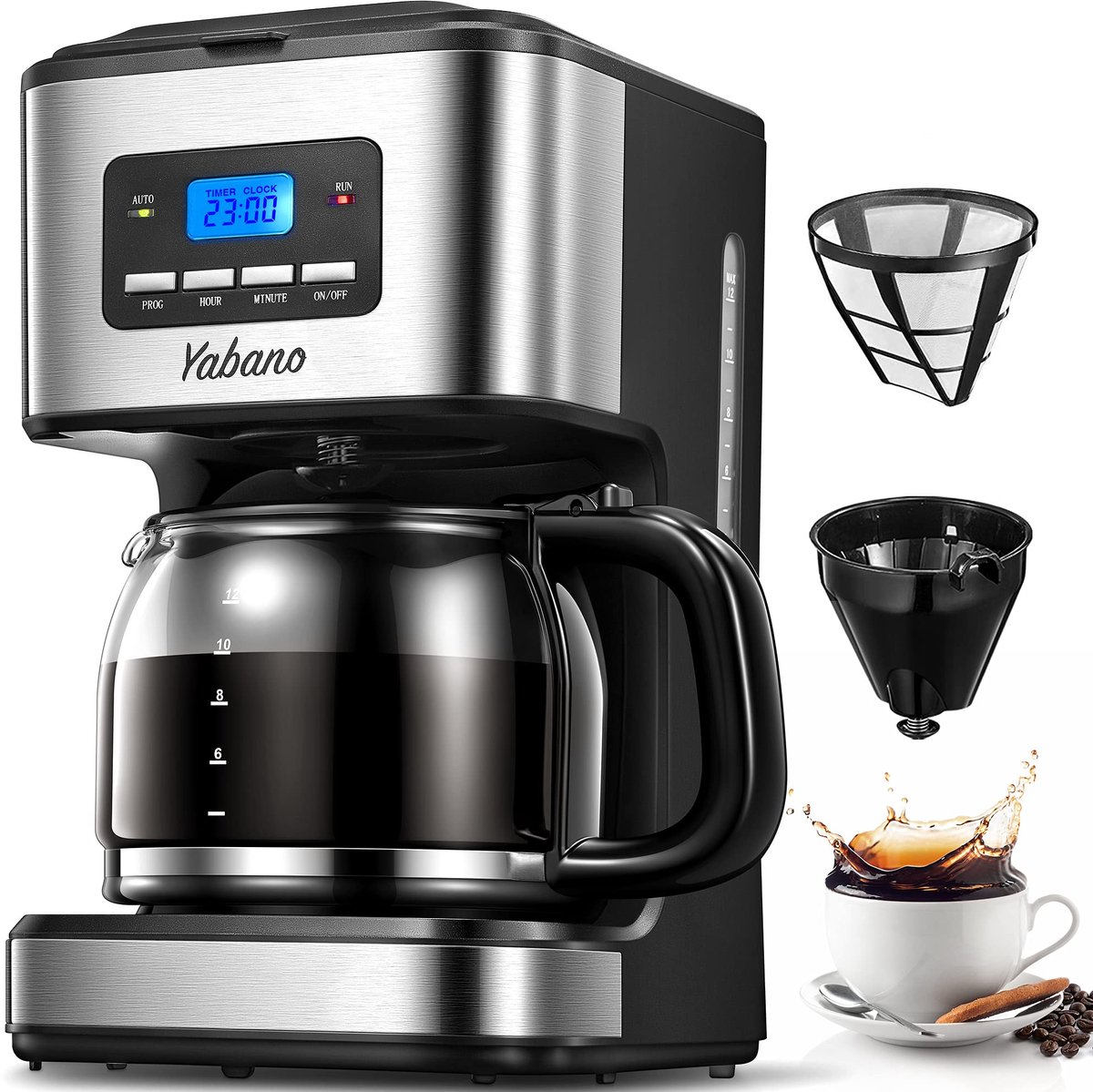 Yabano Digitaal filterkoffiezetapparaat met timer, permanent filter, touchscreen, 900 W, 1,5 L, roestvrij staal