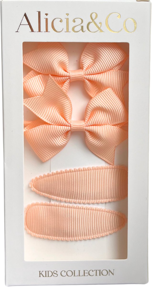 Alicia&Co - Classic Bow Set - Princess Peach Set - Set van 2 haarclips en 2 haarelastiekjes - cadeau - kraamcadeau - haarelastiekje zonder metaal - haarspelden & clips - haarelastiekje baby - haarelastiekjes kind - haarspeldje kind - haarspeldje baby