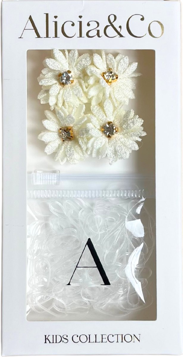 Alicia&Co – Tiny Tie & Diamond Flower Set – Off-White - Set van 2 kleine alligator haarclips en 1 zakje met kleine transparante haarelastiekjes - cadeau - kraamcadeau - haarspelden & clips - haarelastiekjes kind - haarspeldje kind - haarspeldje baby