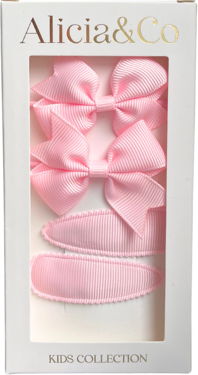 Alicia&Co - Classic Bow Set - Bubble Gum Pink - Set van 2 haarclips en 2 haarelastiekjes - cadeau - kraamcadeau - haarelastiekjes zonder metaal - haarspelden & clips - haarelastiekjes baby - haarelastiekjes kind - haarspeldjes kind - haarspeldje baby