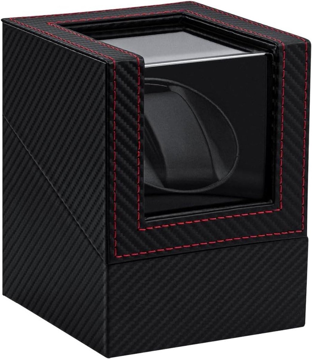 Single Watch Winder Box PU Leather Carbon Fiber Pattern Watch Case with EU Plug - Black-Red