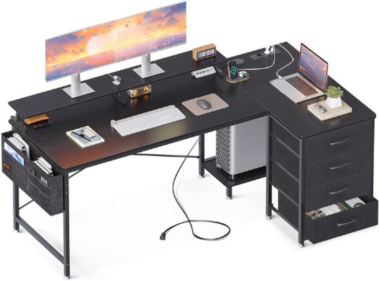 ODK Hoekbureau, L Vormig Bureau met 2 USB-laadpunten en 2 Stopcontacten, Omkeerbaar Computerbureau met 4 Laden en Schermplank Home Office (Wit, 140x80x84.7cm