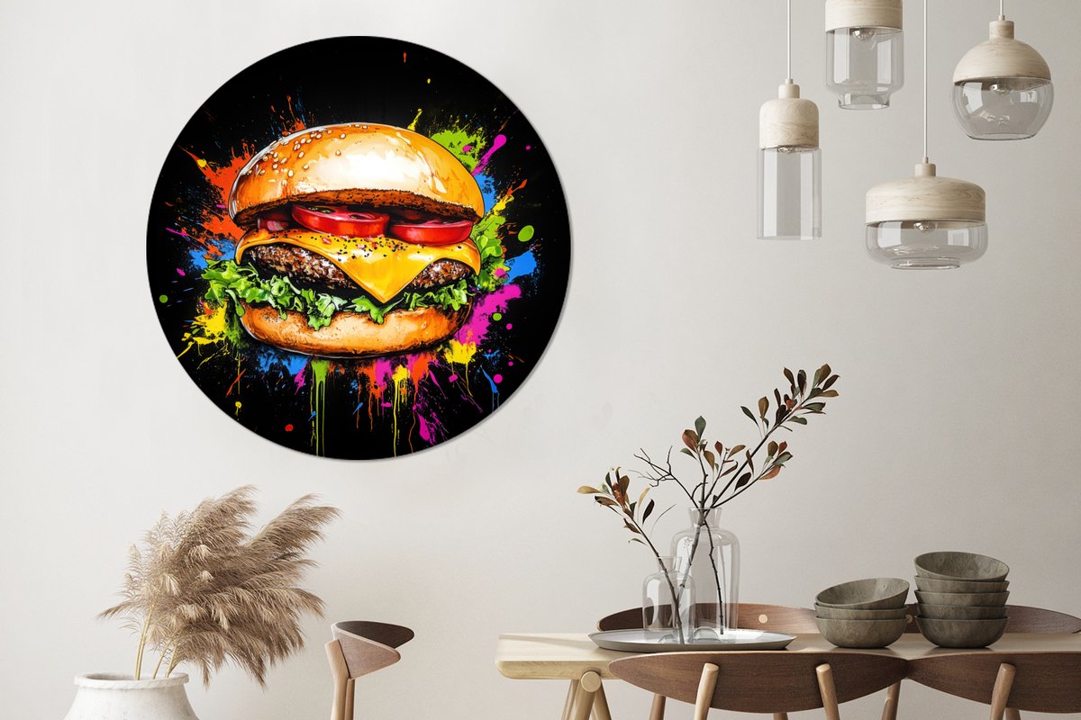 WallCircle - Wandcirkel - Muurcirkel - Hamburger - Graffiti - Verf - Kleurrijk - Eten - Abstract - Aluminium - Dibond - 140x140 cm - Binnen en Buiten