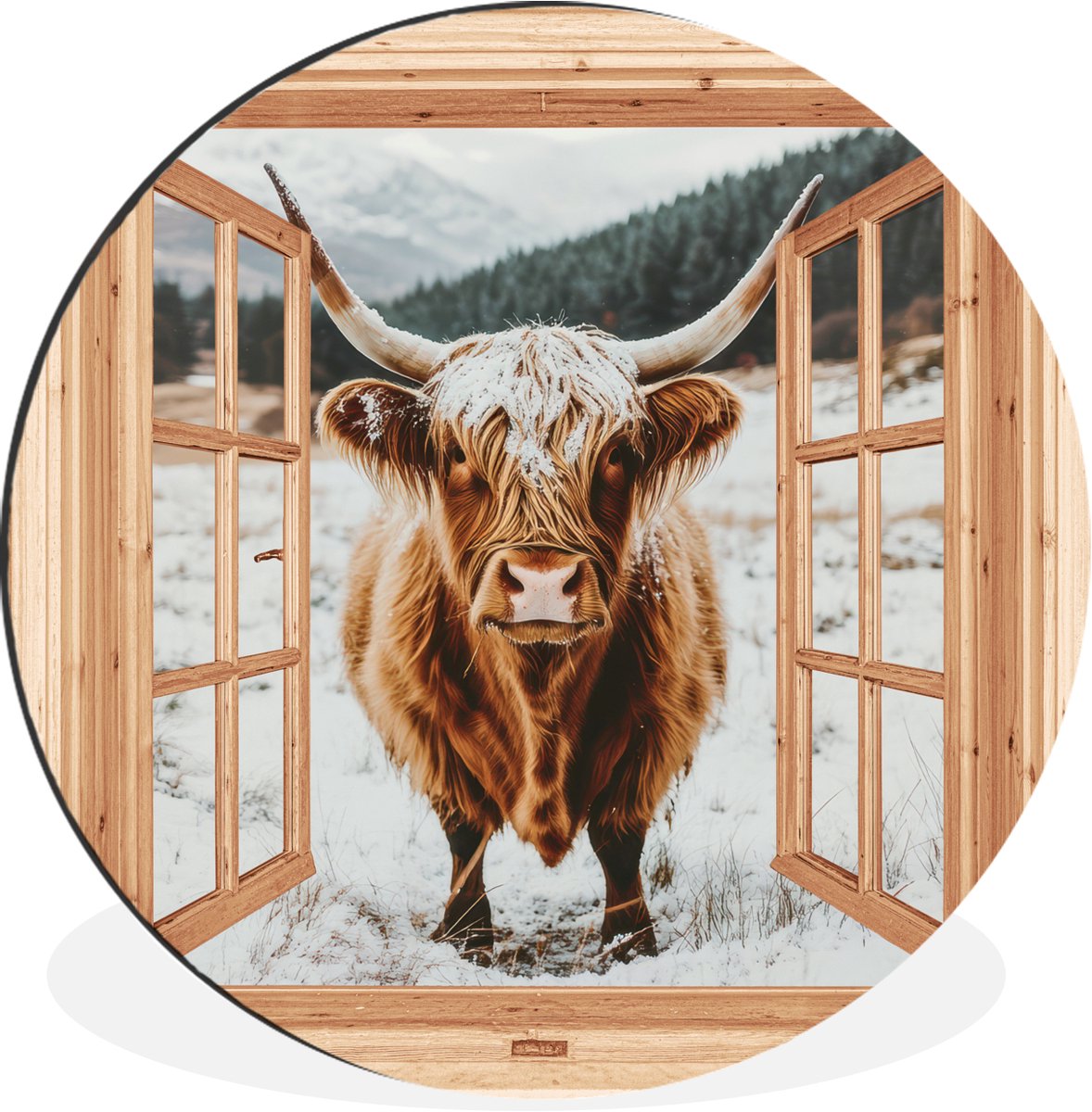 WallCircle Wandcirkel - Muurcirkel - Schotse Hooglander - Landschap - Landelijk - Bergen - Winter - Doorkijk - Aluminium - Dibond - 90x90 cm - Binnen en Buiten