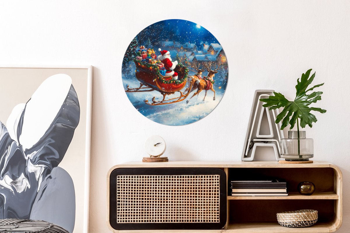 WallCircle Wandcirkel - Muurcirkel - Kerstman - Rendier - Kerst - Sneeuw - Aluminium - Dibond - 60x60 cm - Binnen en Buiten Kerstman - Rendier - Cadeaus