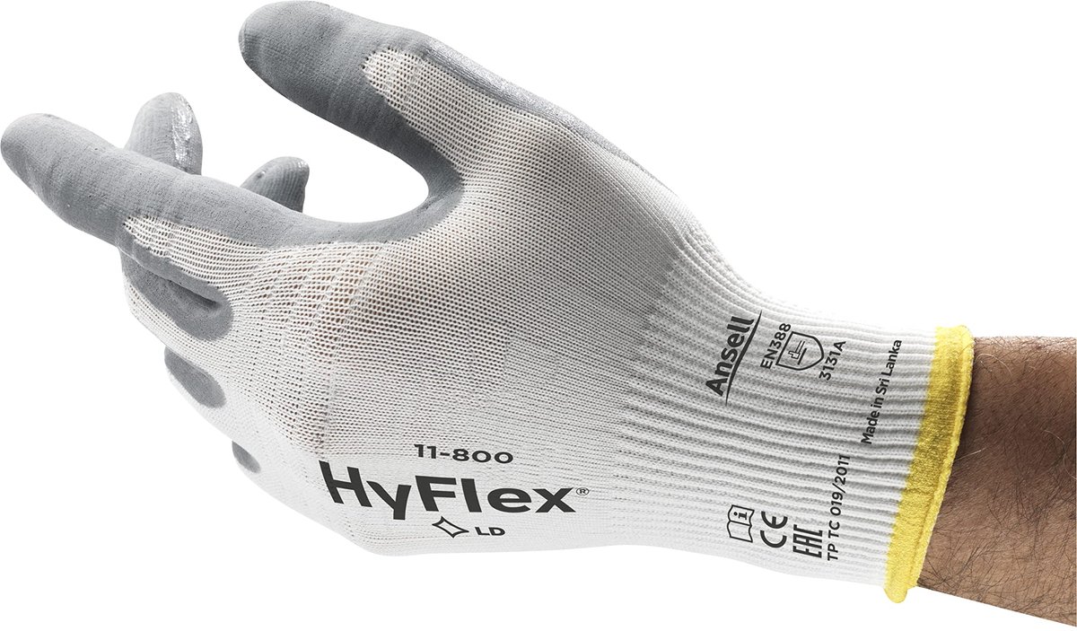 Ansell Hyflex 11-800 Professionele Werkhandschoenen, Beschermende Handschoenen Mechanische, Kluswerkzaamheden, Behandeling, Tuinieren, Industriële Handschoen Heren Dames, Wit, Maat L (12 Paar)