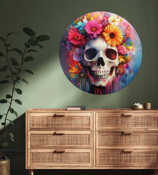WallCircle® - Behangcirkel 100x100 cm - Muurstickers Schedel - Bloemen - Doodshoofd - Kleurrijk - Muurcirkel woonkamer - Wandcirkel slaapkamer - Kamer decoratie zelfklevend - Muurdecoratie accessoires XXL