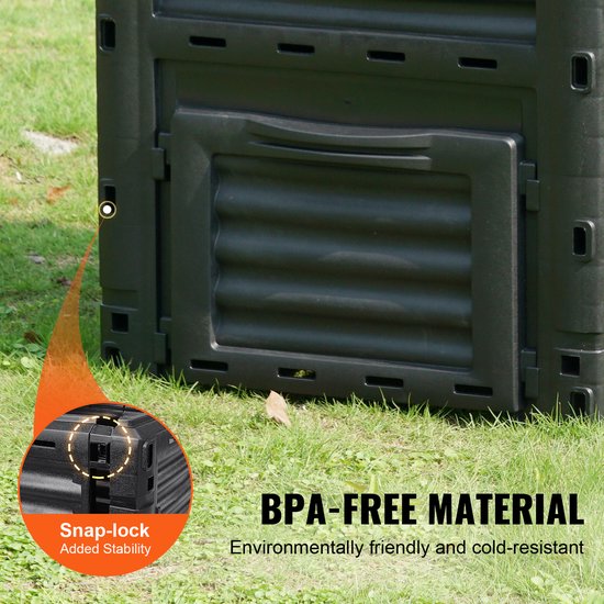 Detail van de kliksluiting van de compostbak. "BPA-FREE MATERIAL" staat erbij.