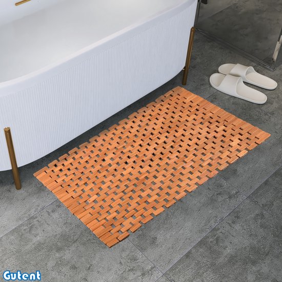 Badmat en teck Gutent - Tapis de douche en bois - Tapis de sol antidérapant en caoutchouc - 70 x 50 cm - Couleur bois