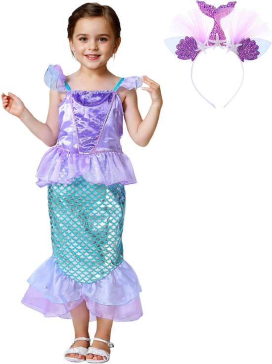 ZaisuiFun Zeemeerminkostuum voor meisjes, Arielle, prinsessenjurk voor kinderen, met accessoires voor Halloween, verkleedpartijen, carnaval, cosplay, 116-122 (etiket 120