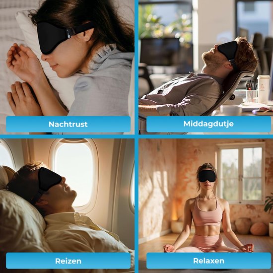 Collage van vier foto's die het zwarte SIMIA slaapmasker tonen in verschillende situaties: slapen in bed, dutje op kantoor, reizen in vliegtuig, yoga/relaxen.