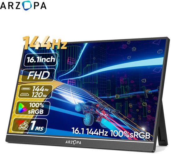 Draagbare Monitor - 16 Inch - 100% sRGB - Gaming - 144Hz Verversingssnelheid - USB-C - HDMI - 1ms Reactietijd - IPS Scherm - 1920x1080 Resolutie - Ingebouwde Luidsprekers