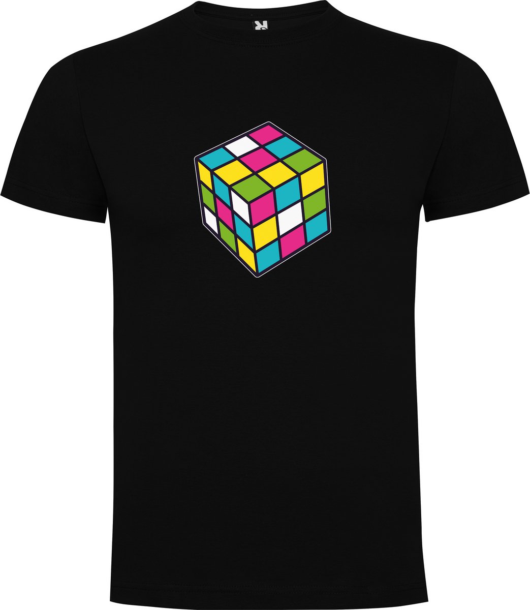 Zwart T-Shirt met “Kleurrijke DE Kubus – Puzzel – Rubik - Retro – 80's “ Print Full Color Maat 3XL